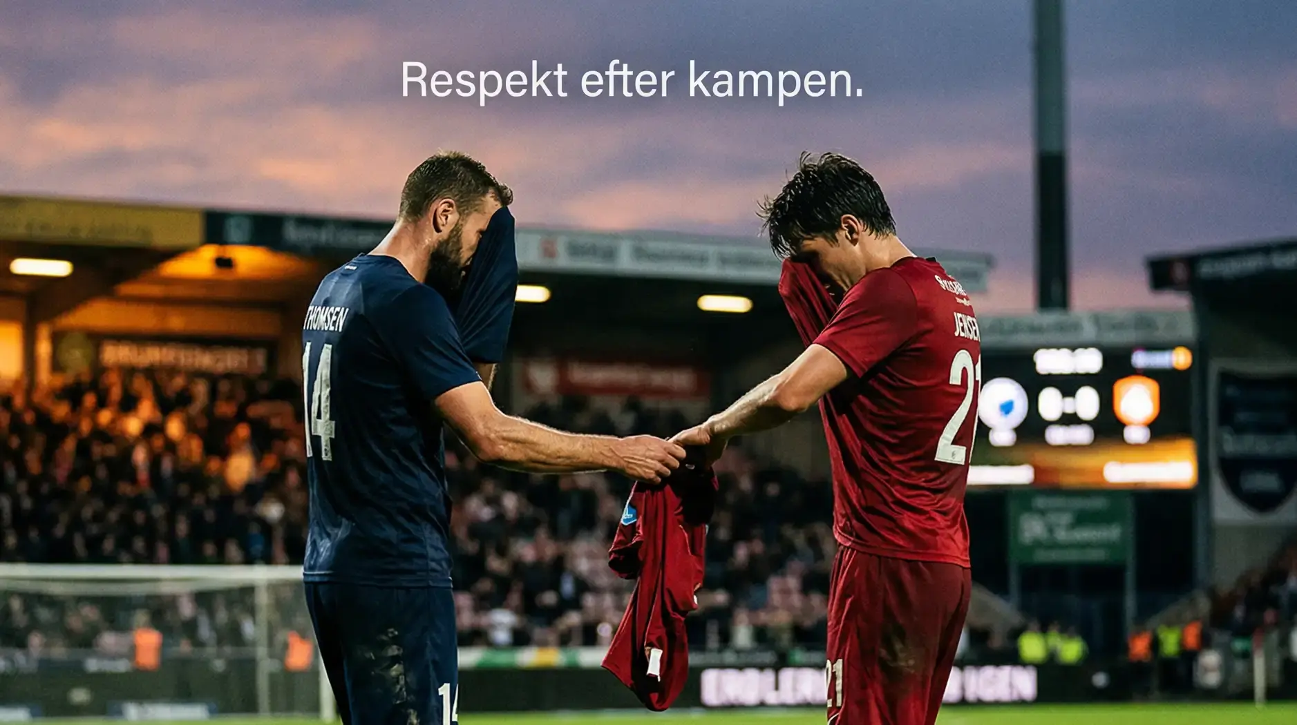 To fodboldspillere der udveksler trøjer på grøn bane som symbol på peer-to-peer betting