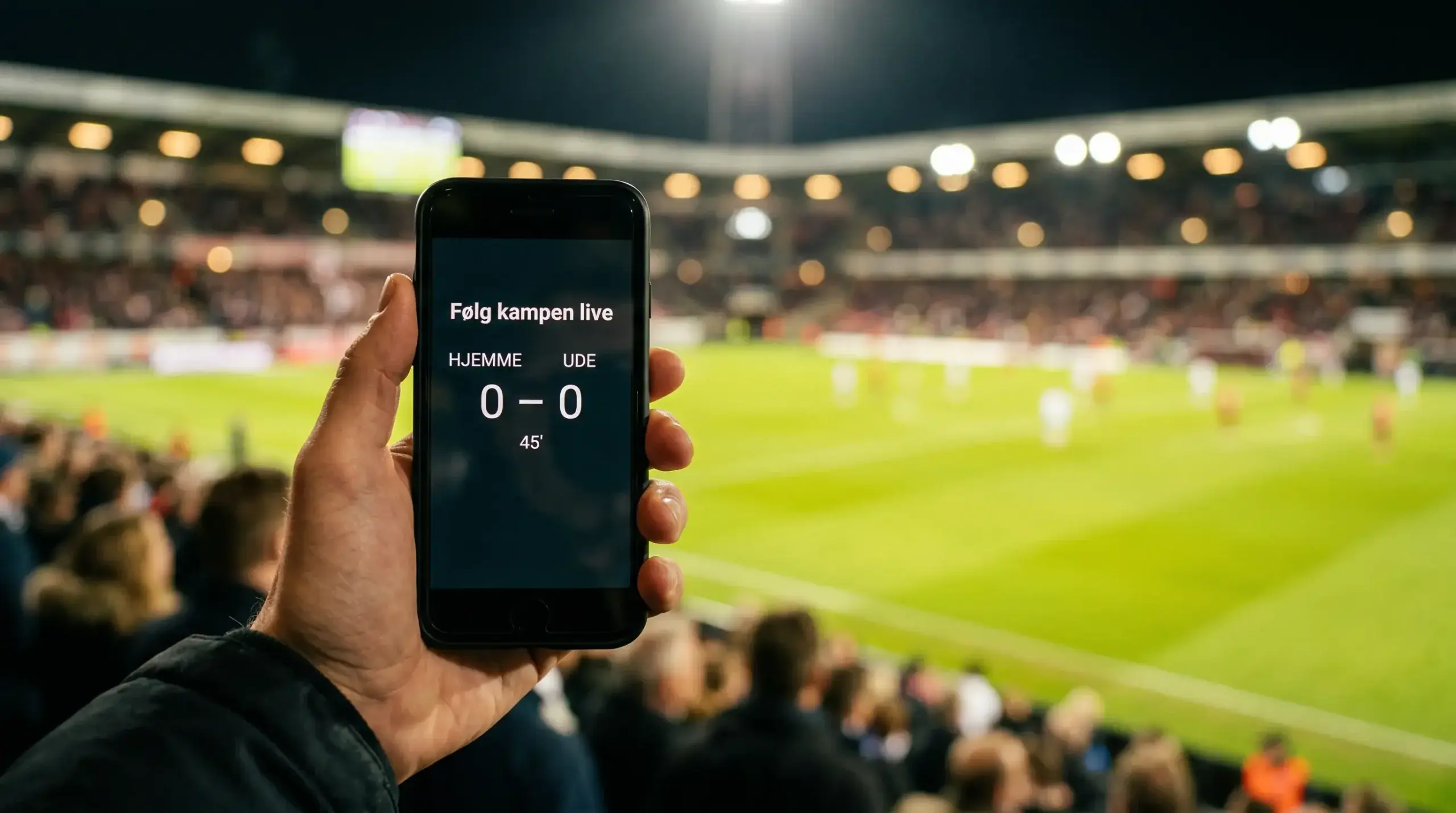 Smartphone i hånden med en fodboldkamp i baggrunden på et stadion