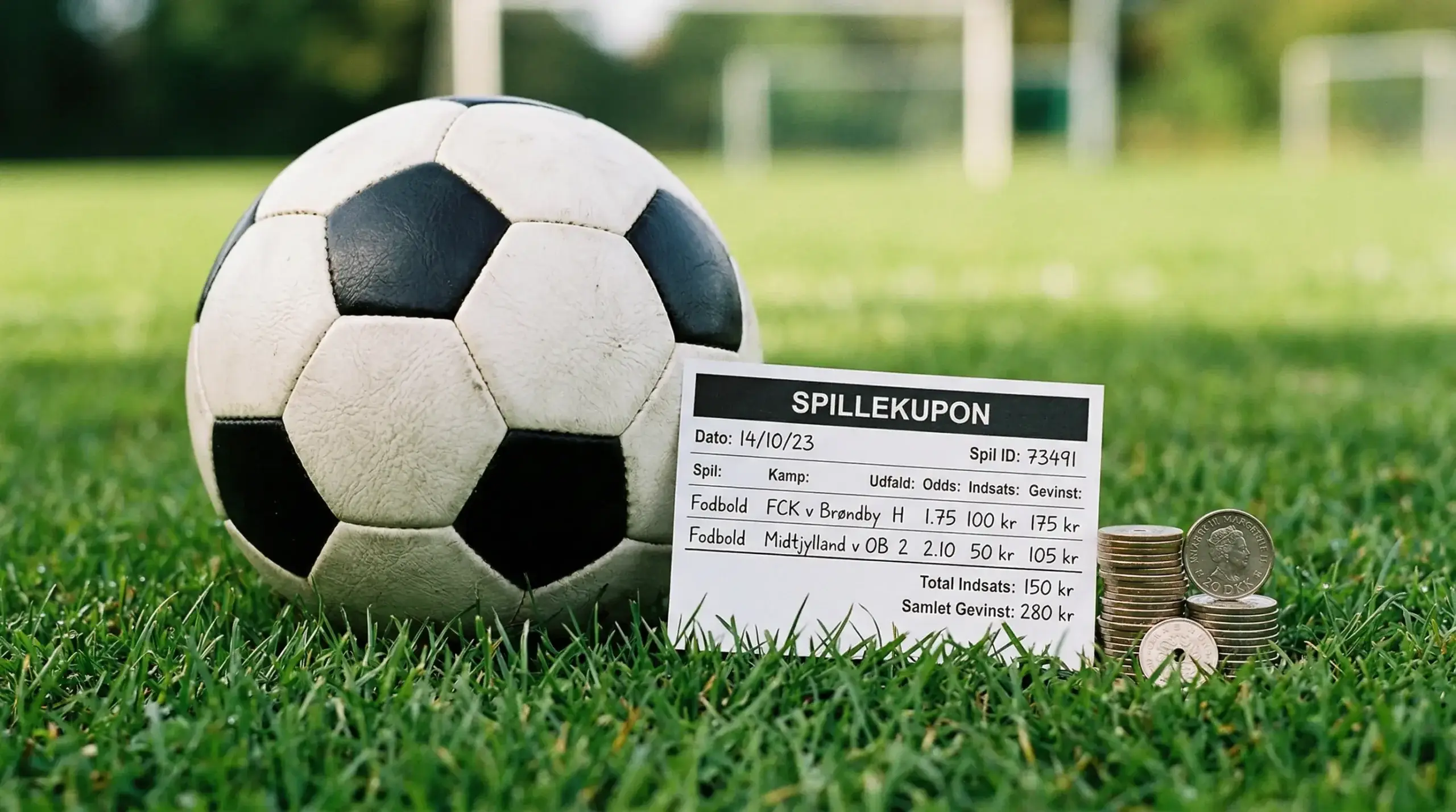 Fodbold på grønt græs med en betting-kupon og danske kroner ved siden af