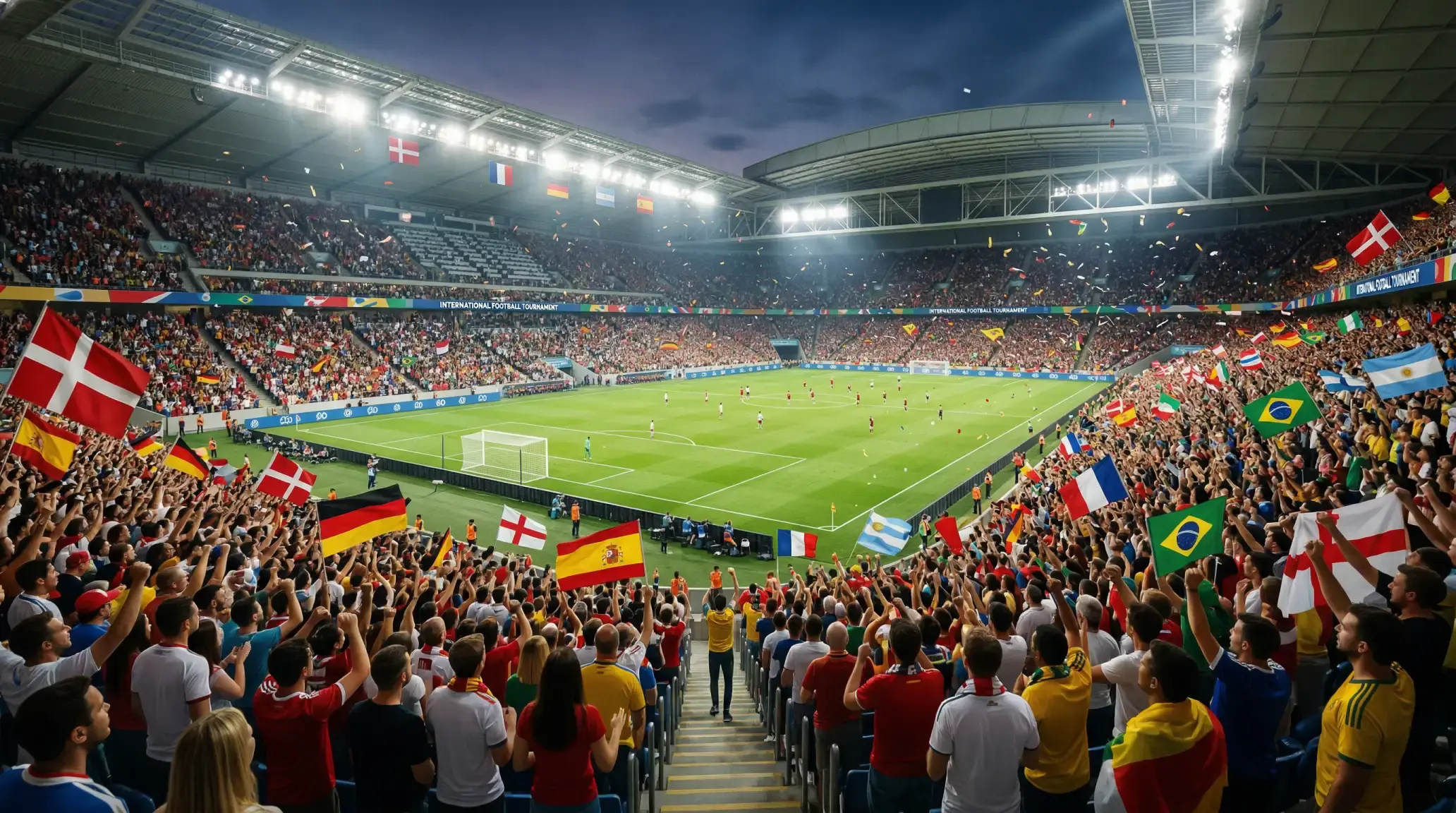 Fyldt fodboldarena med nationalflag og fans under en international slutrunde