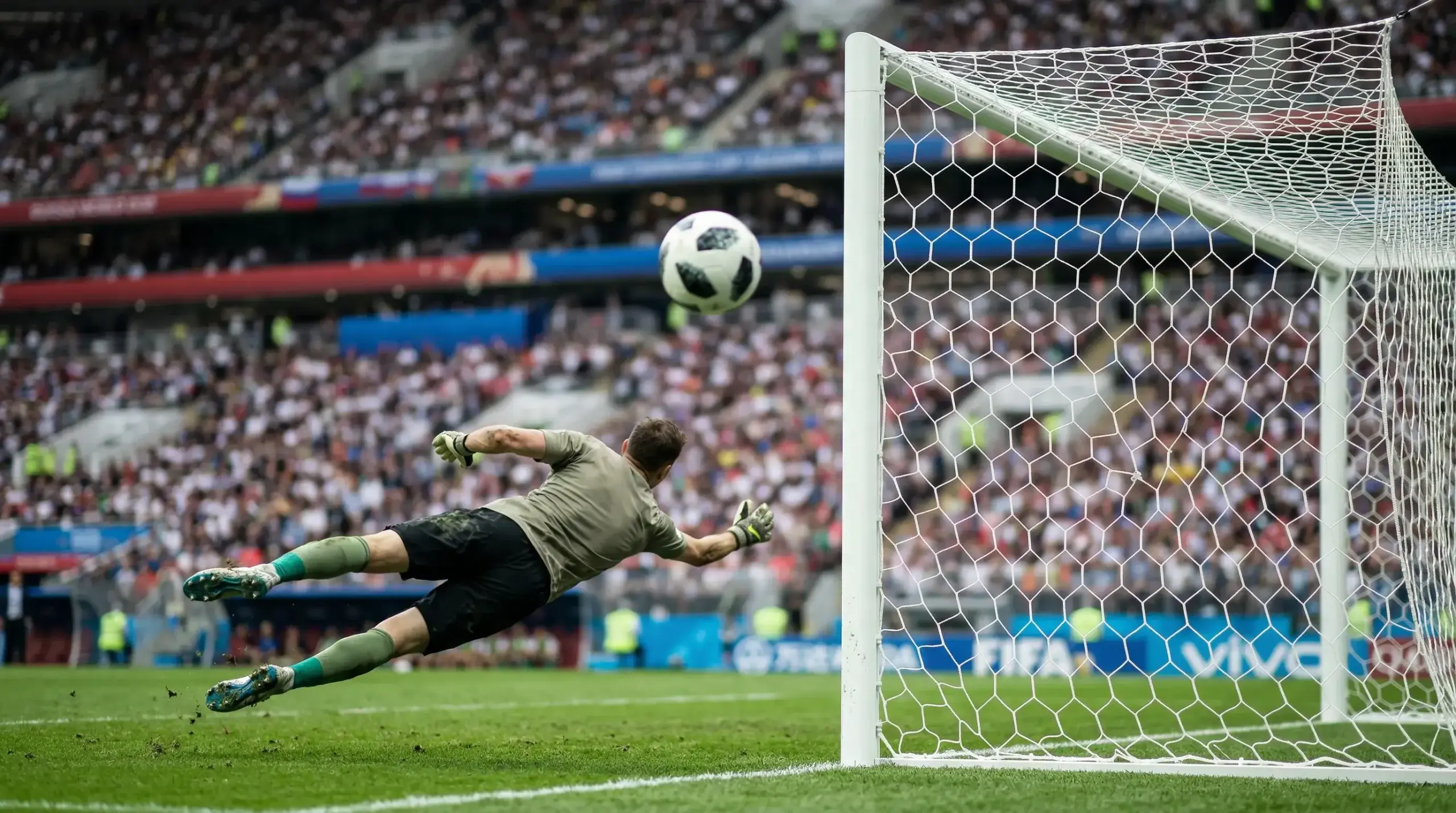 Fodbold der flyver mod mål med et net og en målmand i baggrunden