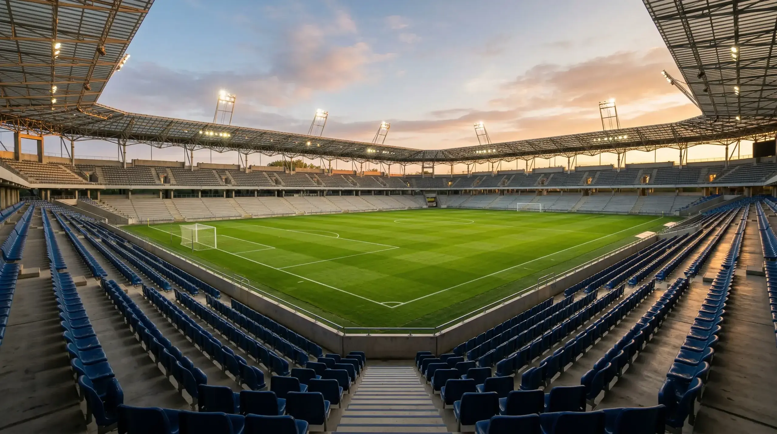 Fodboldstadion set fra tribunen før kampstart med grønt græs og tomme sæder