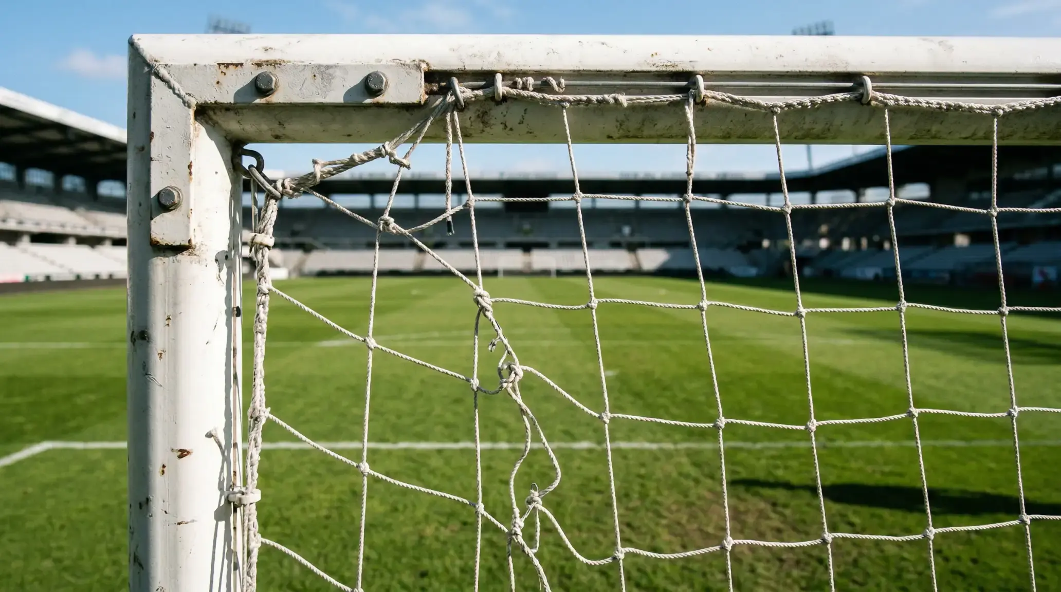 Målstolpe med net på en grøn fodboldbane set fra tæt hold som symbol på grænser i betting