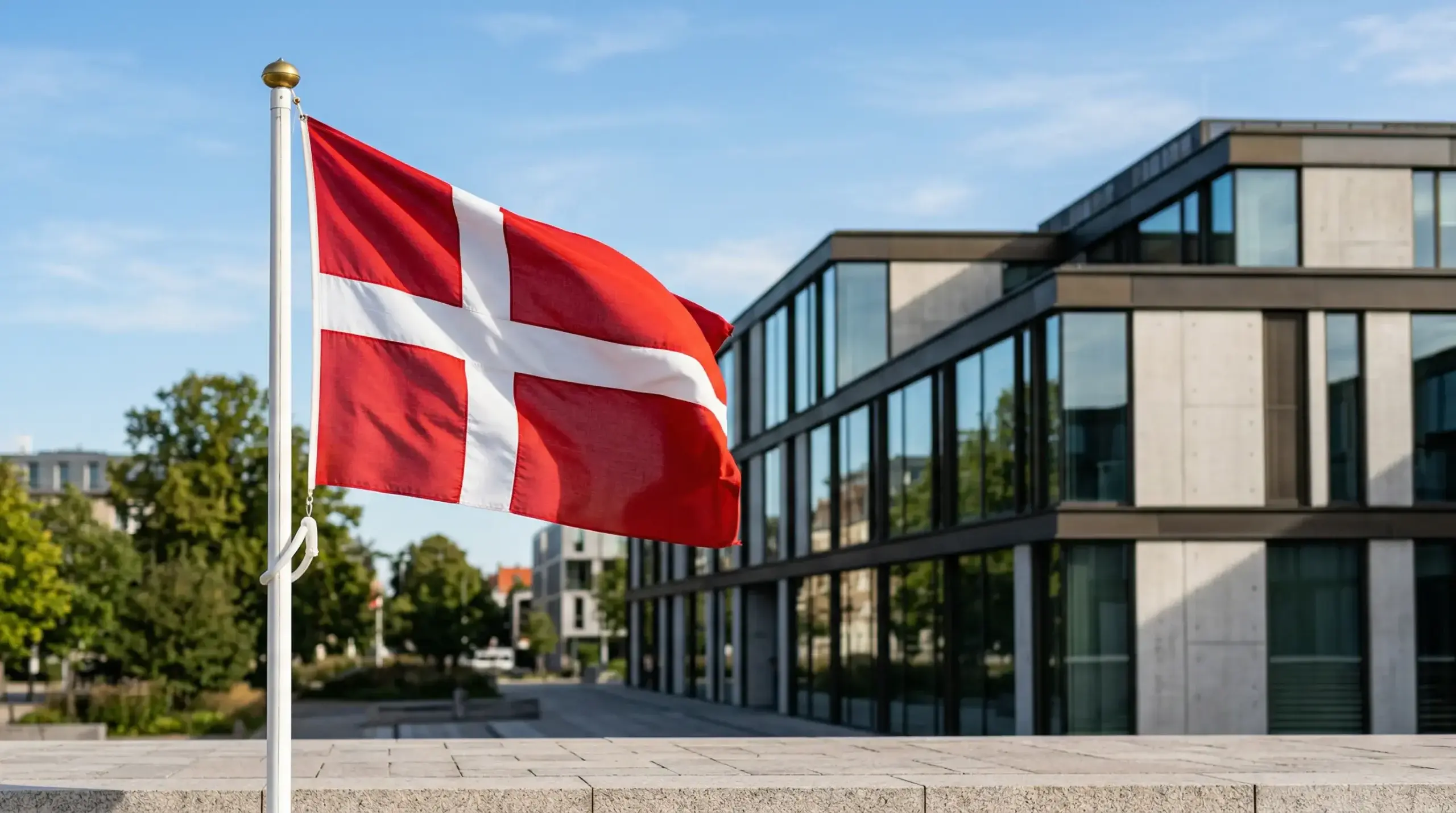 Dansk flag foran en officiel bygning som symbol på regulering af betting i Danmark