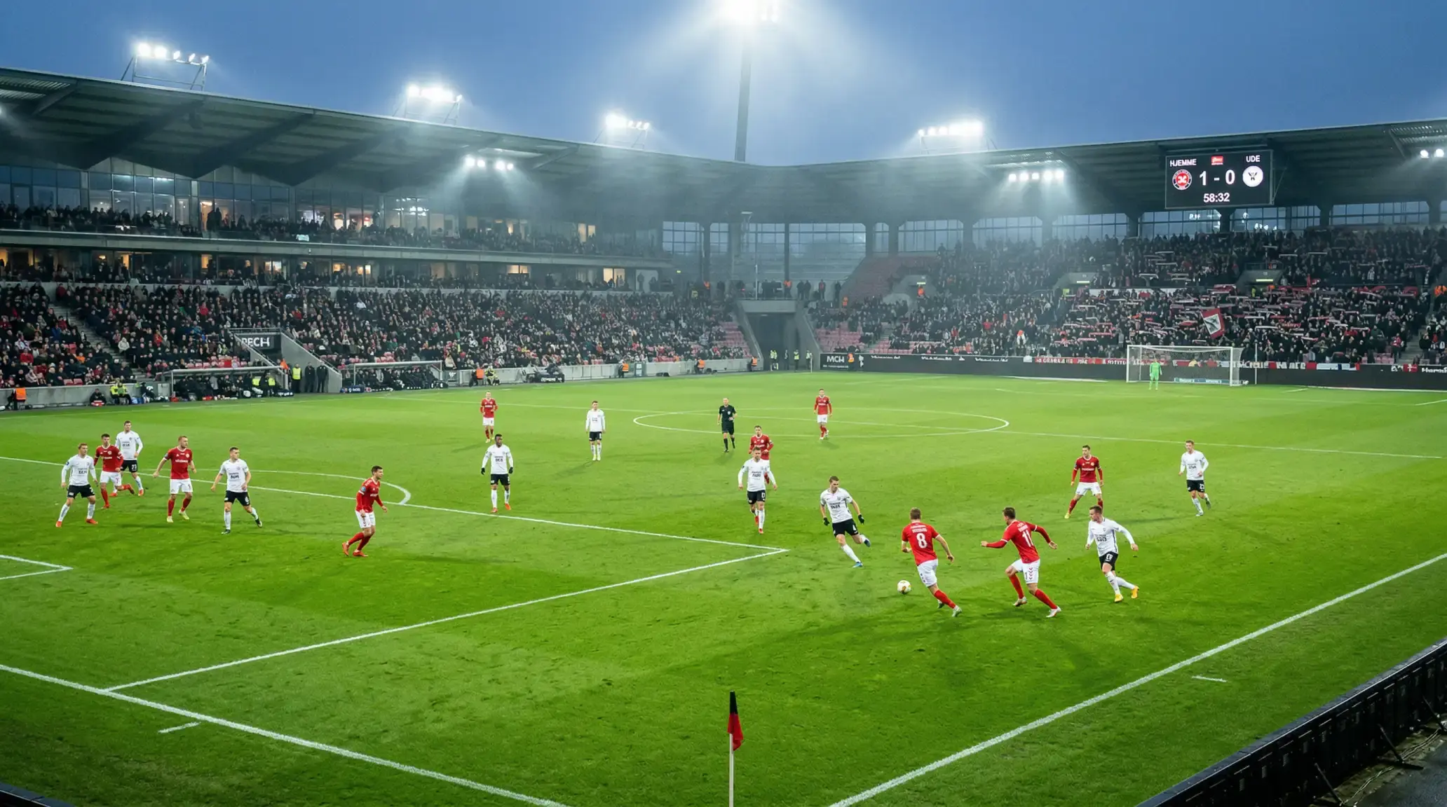 Superliga fodboldkamp set fra tribunen med spillere på grønt græs og fuldt stadion